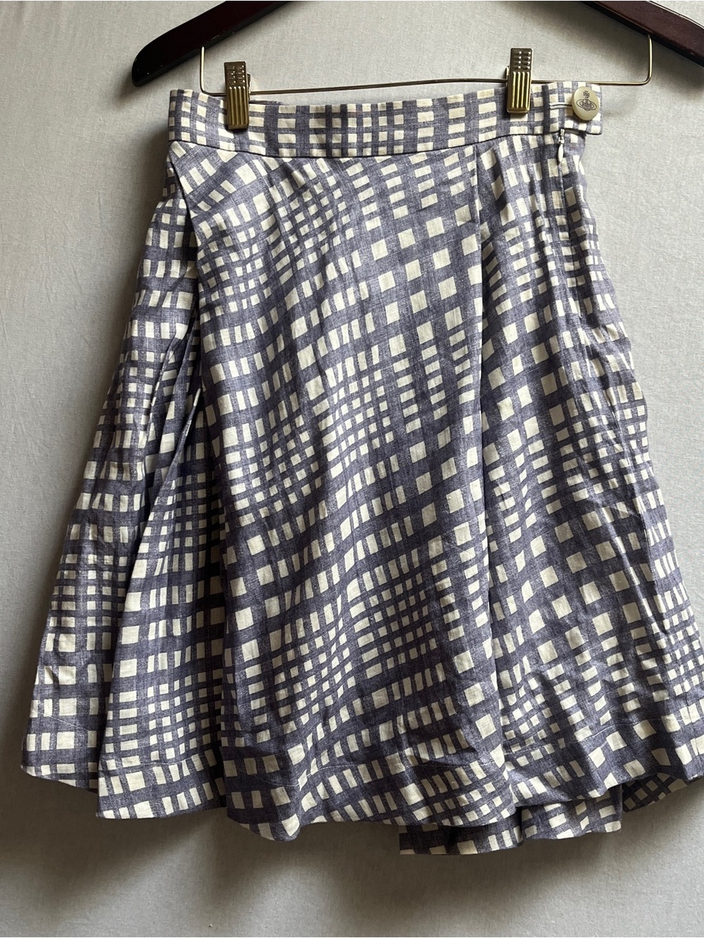 NWT Vivienne Westwood Linen Flax Gray & Cream Check Pleated A-Line Skirt US 2